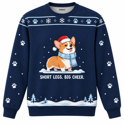 Short Legs Big Cheer Ugly Christmas Sweater - Christmas Jumper (front): corgi in scarf stands proudly beside tiny snowdrift