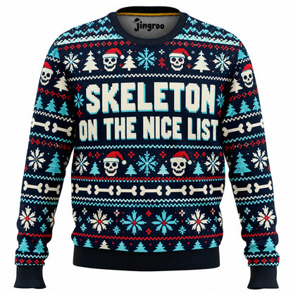 Skeleton on the Nice List Ugly Christmas Sweater - Christmas Jumper (front)