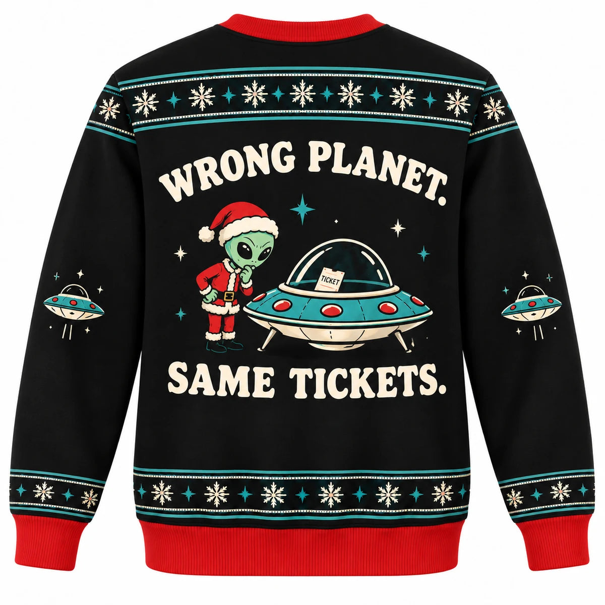 Sleigh Parking Only Ugly Christmas Sweater - Christmas Jumper (back): alien finds parking ticket on UFO windshield