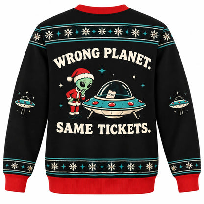 Sleigh Parking Only Ugly Christmas Sweater - Christmas Jumper (back): alien finds parking ticket on UFO windshield