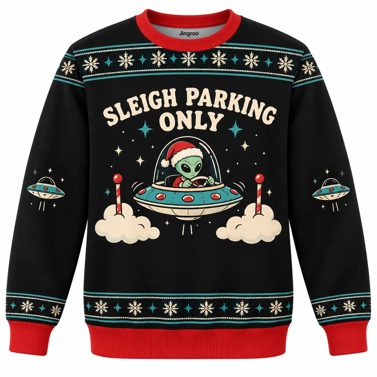 Sleigh Parking Only Ugly Christmas Sweater - Christmas Jumper (front): alien Santa parallel-parks UFO between two clouds