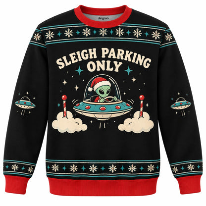 Sleigh Parking Only Ugly Christmas Sweater - Christmas Jumper (front): alien Santa parallel-parks UFO between two clouds