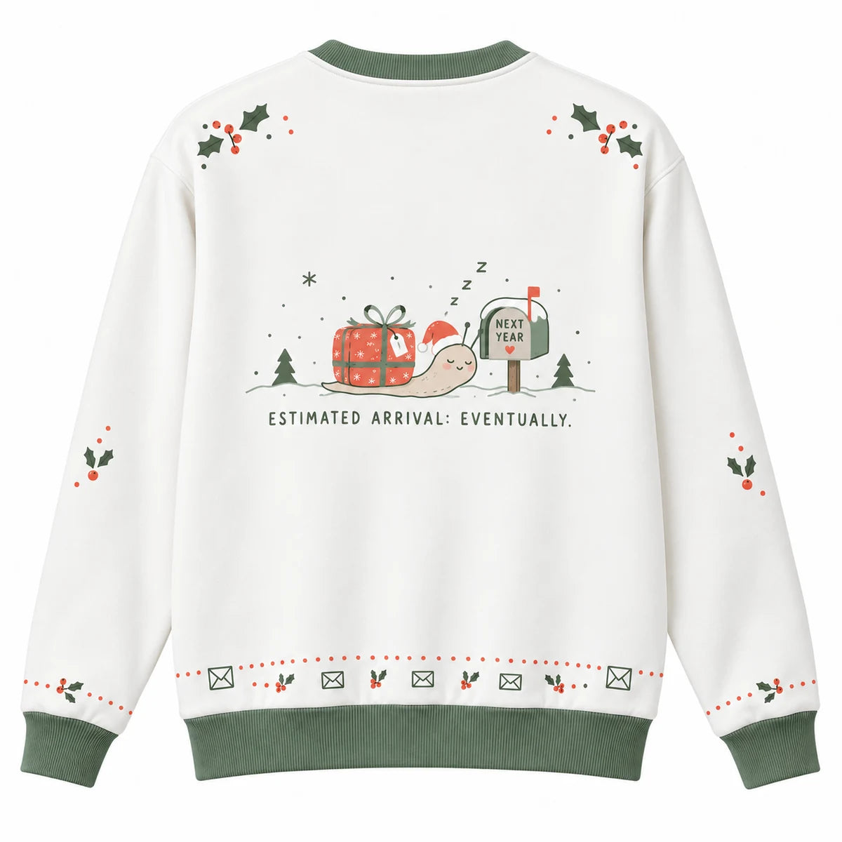 Snail Mail Special Ugly Christmas Sweater - Christmas Jumper (back): snail naps at mailbox marked NEXT YEAR