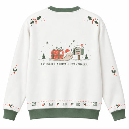 Snail Mail Special Ugly Christmas Sweater - Christmas Jumper (back): snail naps at mailbox marked NEXT YEAR