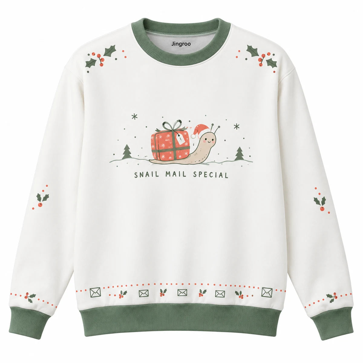 Snail Mail Special Ugly Christmas Sweater - Christmas Jumper (front): snail with gift shell travels across snowy line