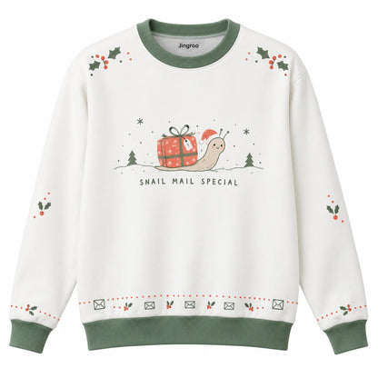Snail Mail Special Ugly Christmas Sweater - Christmas Jumper (front): snail with gift shell travels across snowy line