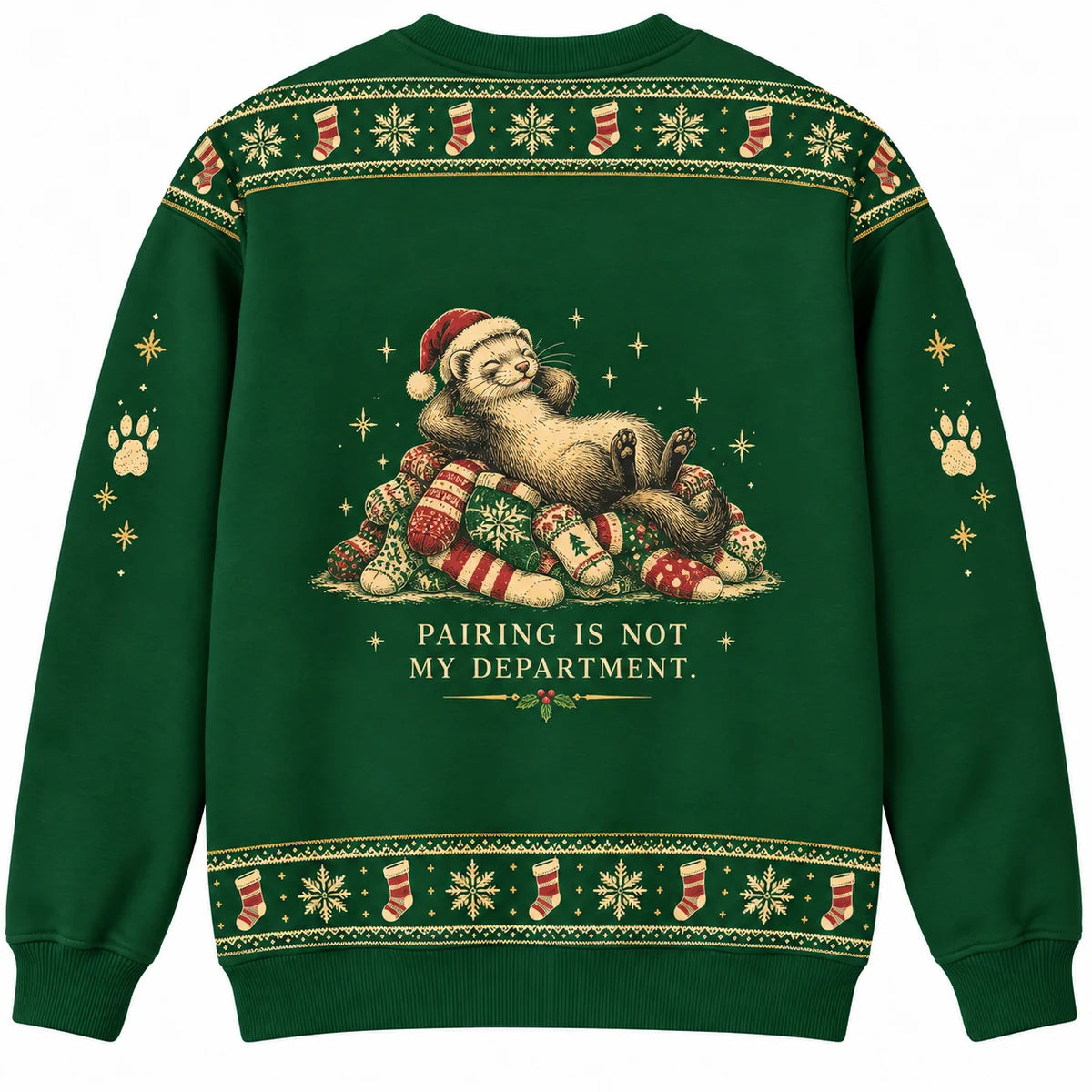 Sock Acquisition Team Ugly Christmas Sweater - Christmas Jumper (back): ferret lounges atop stolen sock mountain