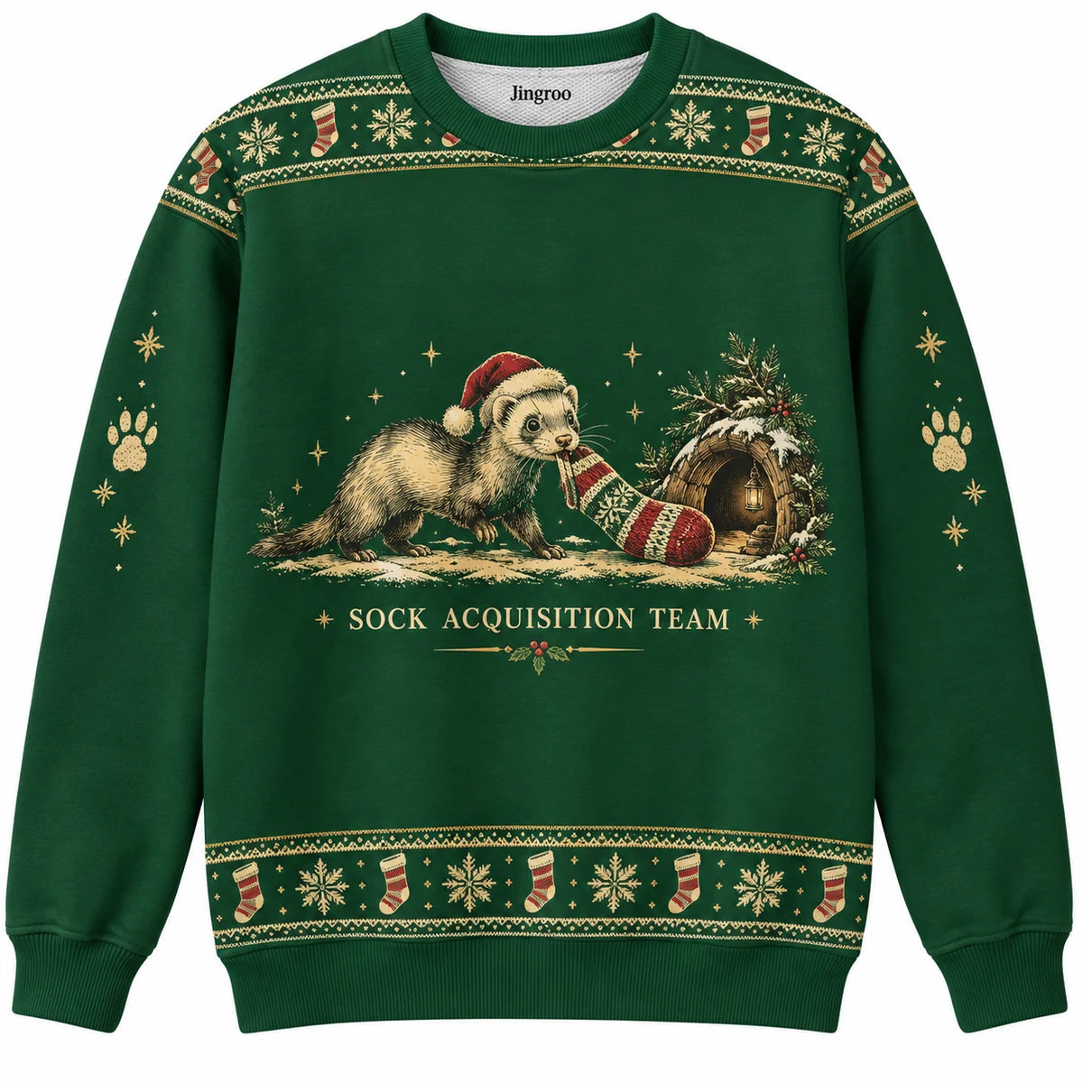 Sock Acquisition Team Ugly Christmas Sweater - Christmas Jumper (front): ferret drags festive sock toward tiny den