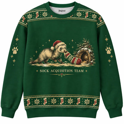 Sock Acquisition Team Ugly Christmas Sweater - Christmas Jumper (front): ferret drags festive sock toward tiny den
