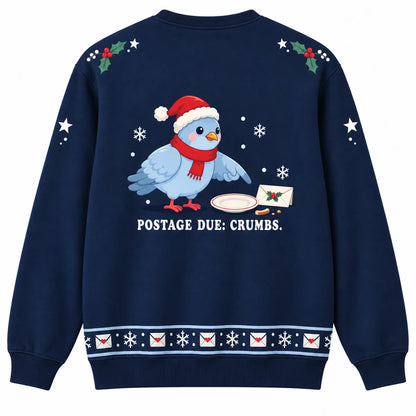 Special Air Mail Ugly Christmas Sweater - Christmas Jumper (back): pigeon charges payment in breadcrumbs