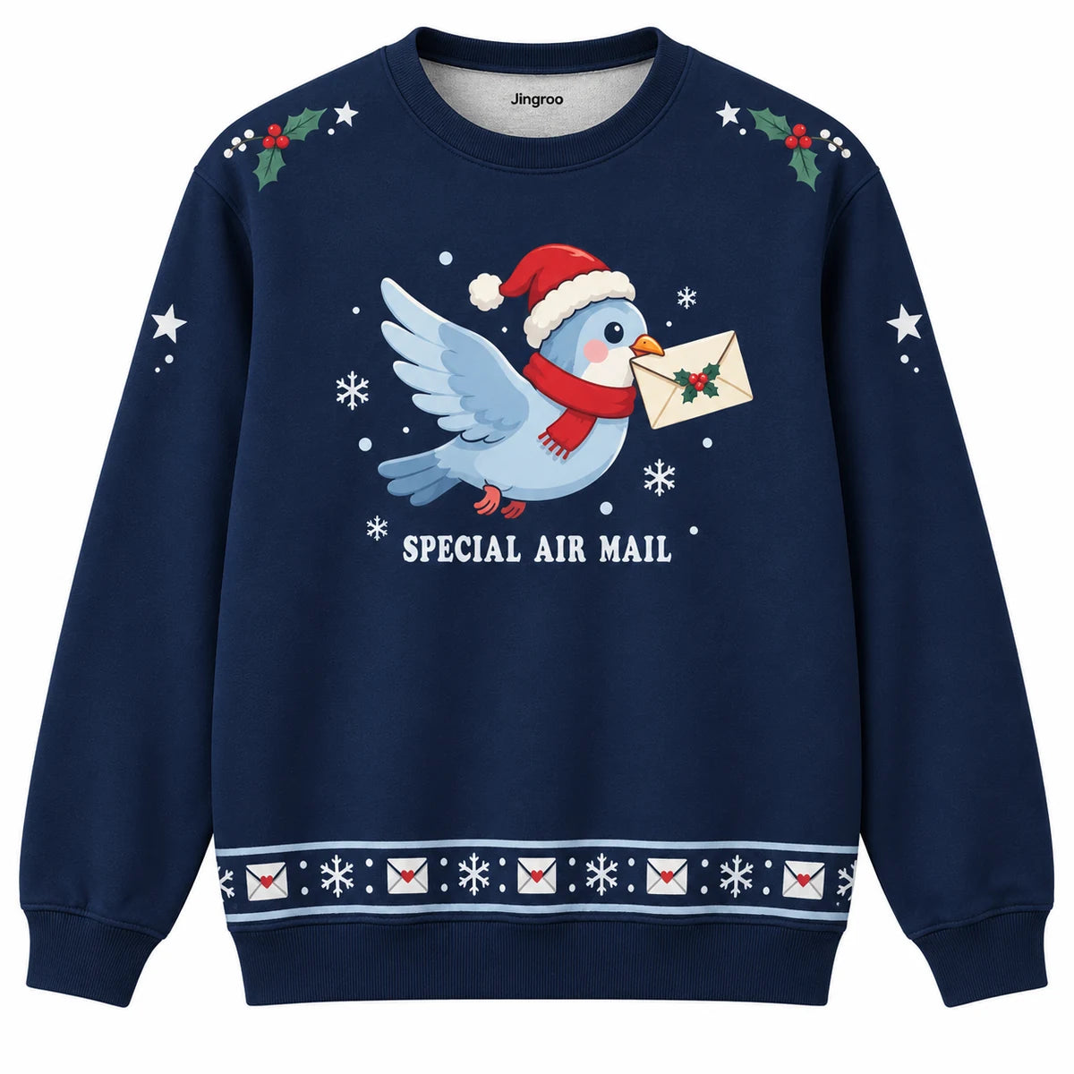 Special Air Mail Ugly Christmas Sweater - Christmas Jumper (front): pigeon Santa delivers envelope proudly