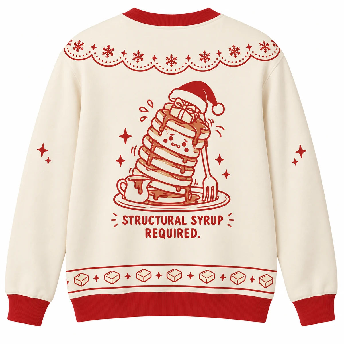 Stack the Cheer Ugly Christmas Sweater - Christmas Jumper (back): stack leans like tower supported by fork