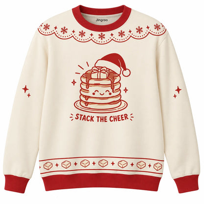 Stack the Cheer Ugly Christmas Sweater - Christmas Jumper (front): pancake stack wears Santa hat and butter bow