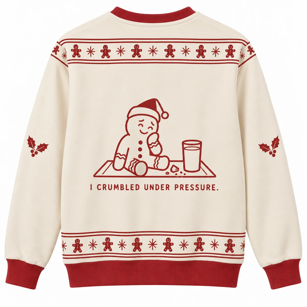 Stay Flexible Ugly Christmas Sweater - Christmas Jumper (back): cookie rests with missing crumb beside milk glass