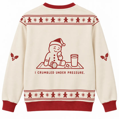 Stay Flexible Ugly Christmas Sweater - Christmas Jumper (back): cookie rests with missing crumb beside milk glass