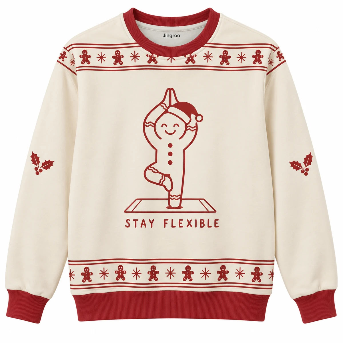 Stay Flexible Ugly Christmas Sweater - Christmas Jumper (front): gingerbread cookie attempts yoga tree pose