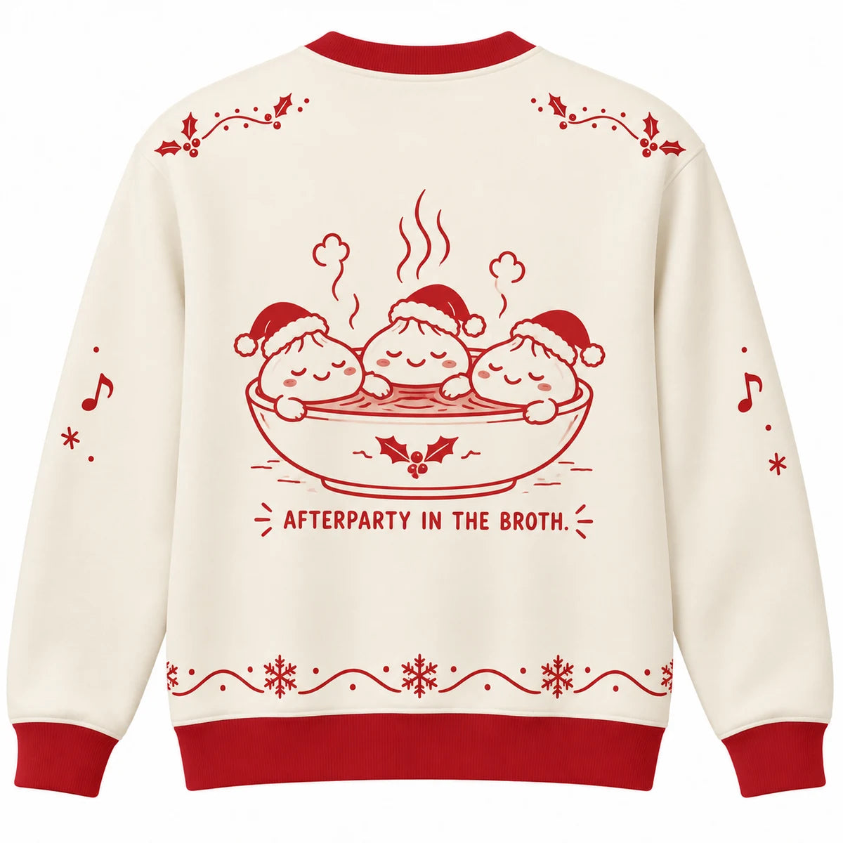 Steamy Harmonies Ugly Christmas Sweater - Christmas Jumper (back): dumplings relax in steaming soup bowl like hot tub