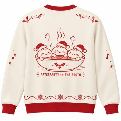 Steamy Harmonies Ugly Christmas Sweater - Christmas Jumper (back): dumplings relax in steaming soup bowl like hot tub