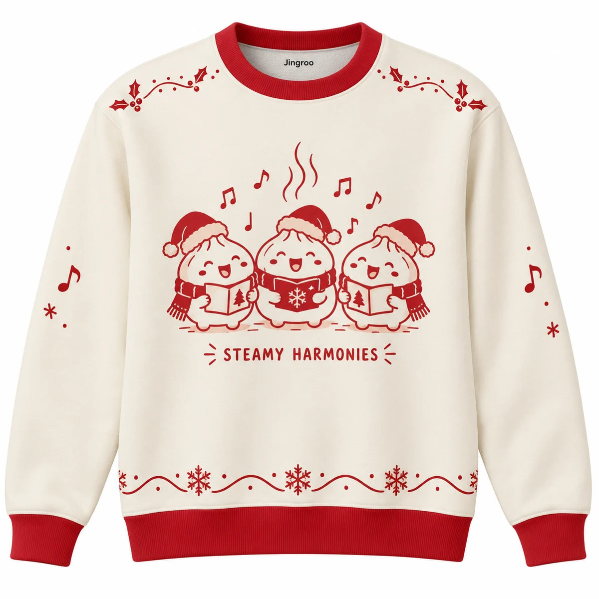 Steamy Harmonies Ugly Christmas Sweater - Christmas Jumper (front): three dumplings sing Christmas carols