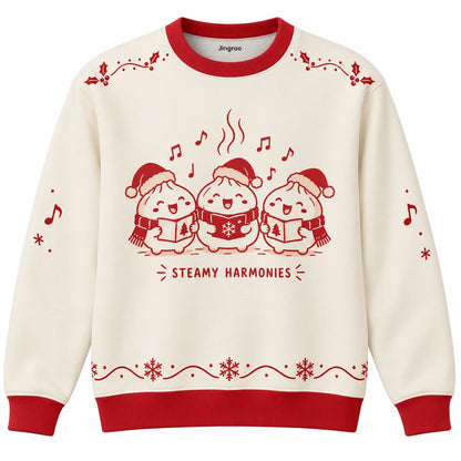 Steamy Harmonies Ugly Christmas Sweater - Christmas Jumper (front): three dumplings sing Christmas carols