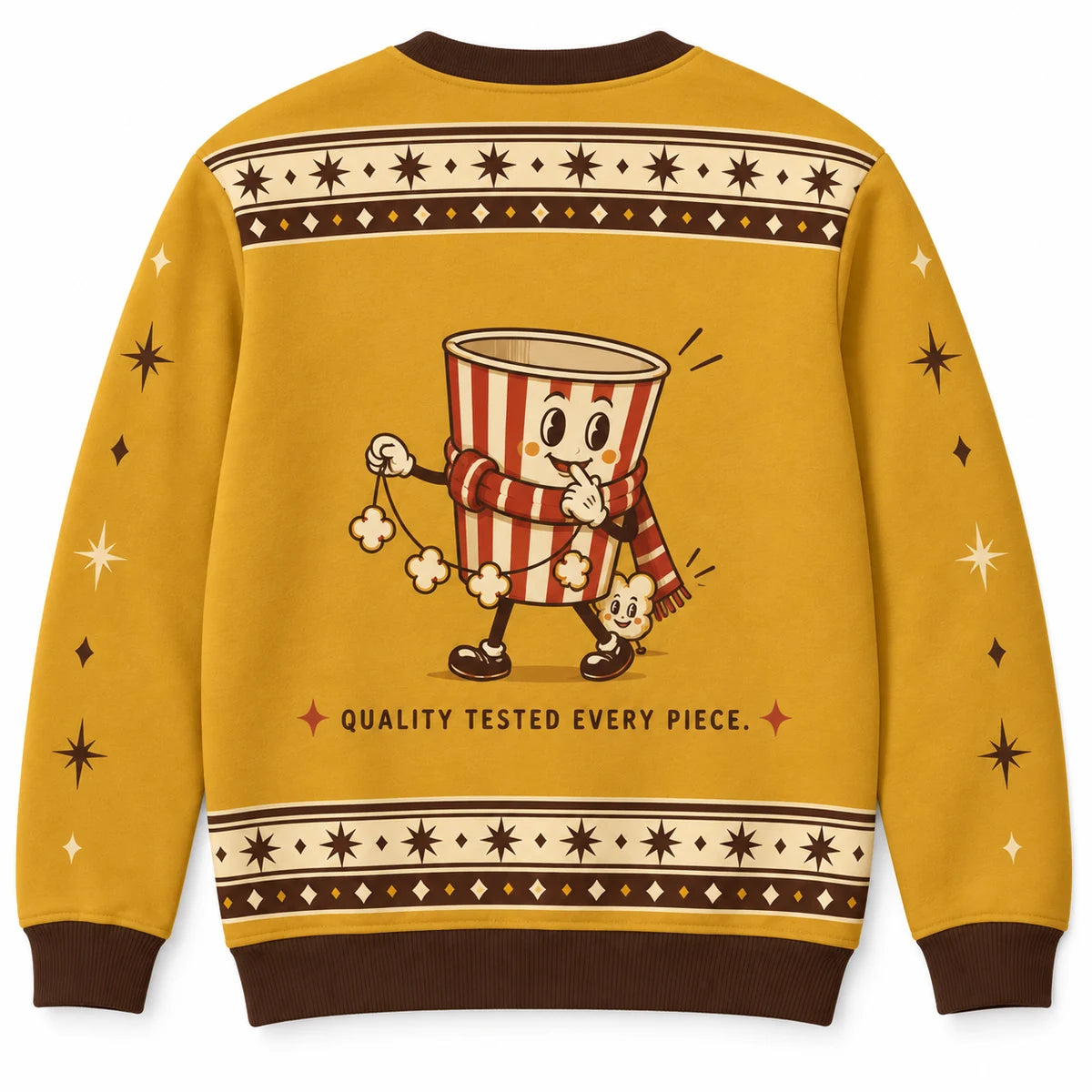 Stringing Along Ugly Christmas Sweater - Christmas Jumper (back): bucket empty with last popcorn kernel hiding