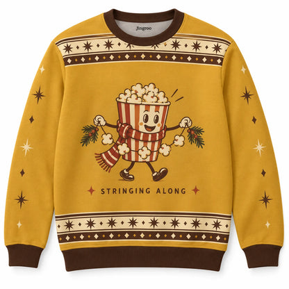 Stringing Along Ugly Christmas Sweater - Christmas Jumper (front): popcorn bucket wearing scarf strings garland