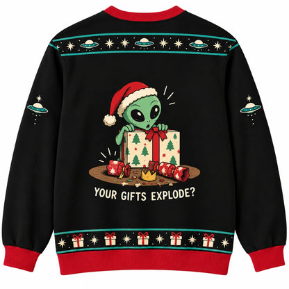 Studying Human Customs Ugly Christmas Sweater - Christmas Jumper (back): cracker pops and alien hides behind gift