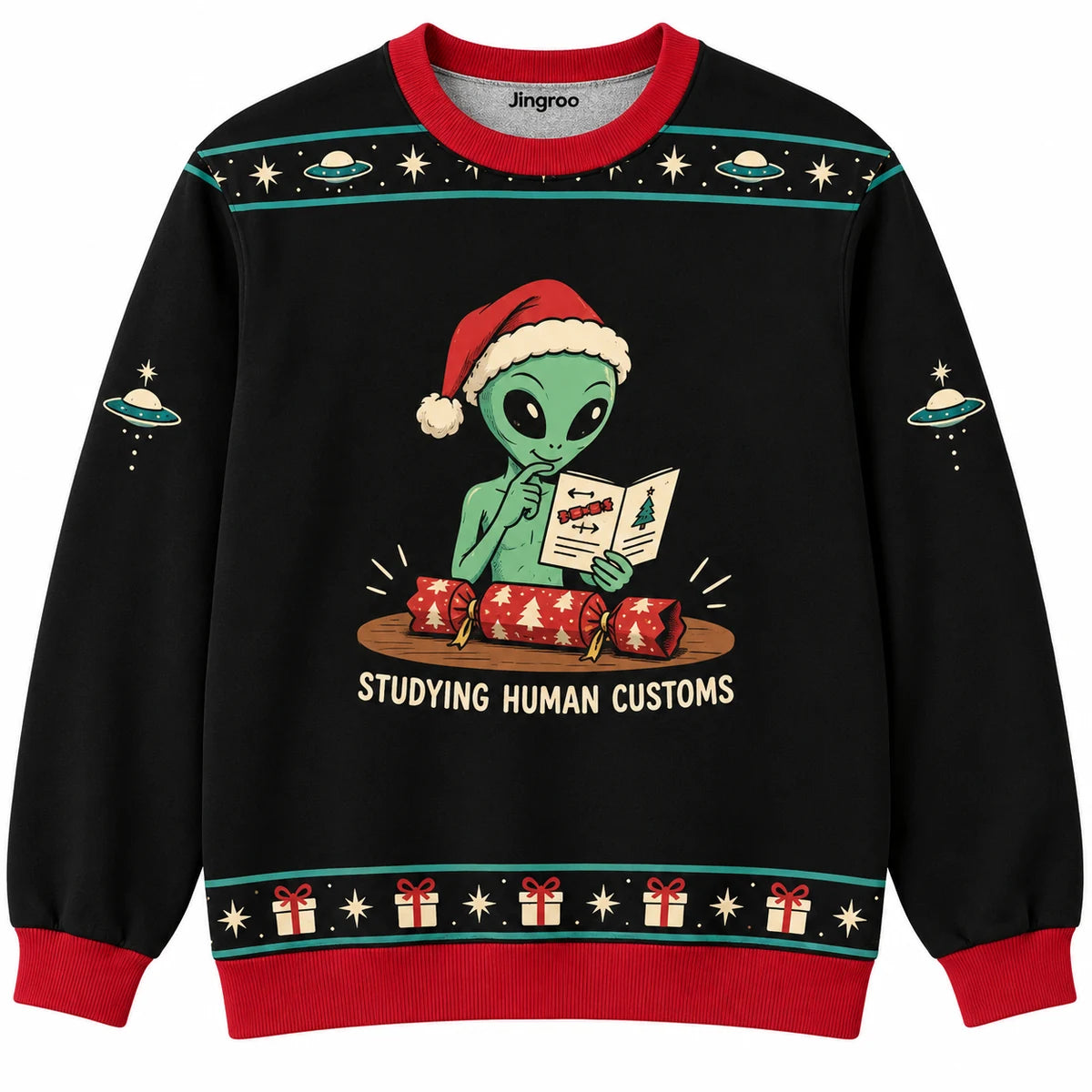 Studying Human Customs Ugly Christmas Sweater - Christmas Jumper (front): alien consults booklet beside Christmas cracker