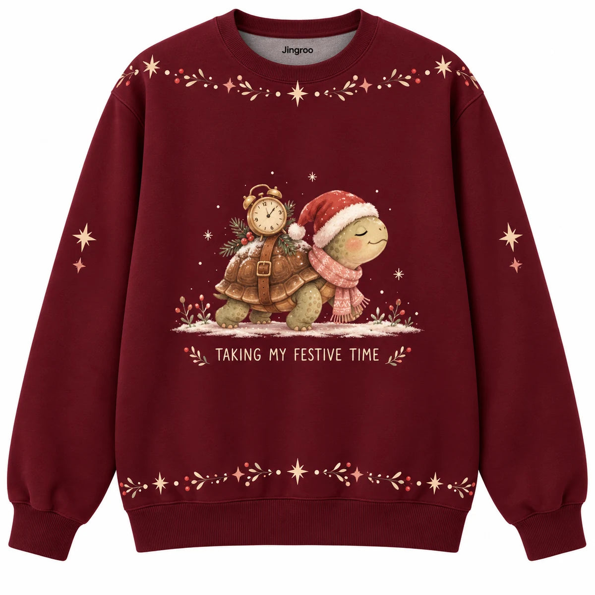 Taking My Festive Time Ugly Christmas Sweater - Christmas Jumper (front): turtle Santa carries tiny clock on shell