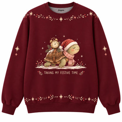 Taking My Festive Time Ugly Christmas Sweater - Christmas Jumper (front): turtle Santa carries tiny clock on shell