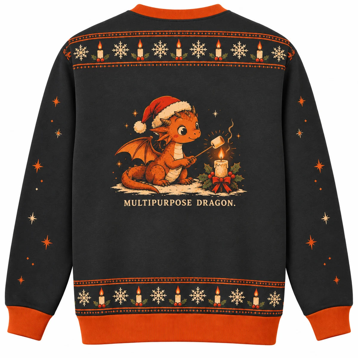 Tiny Flame Big Mood Ugly Christmas Sweater - Christmas Jumper (back): dragon toasts marshmallow above own candle