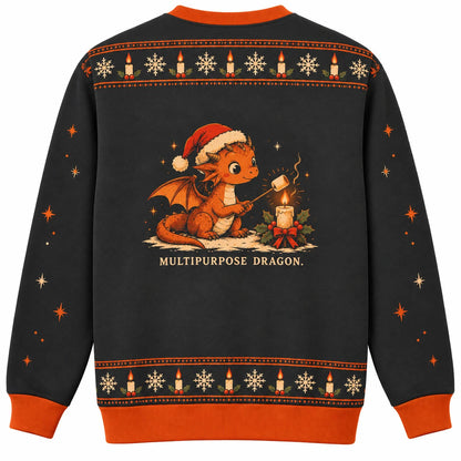 Tiny Flame Big Mood Ugly Christmas Sweater - Christmas Jumper (back): dragon toasts marshmallow above own candle