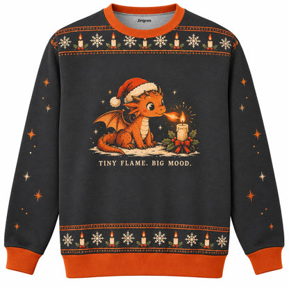 Tiny Flame Big Mood Ugly Christmas Sweater - Christmas Jumper (front): small dragon lights festive candle with careful flame