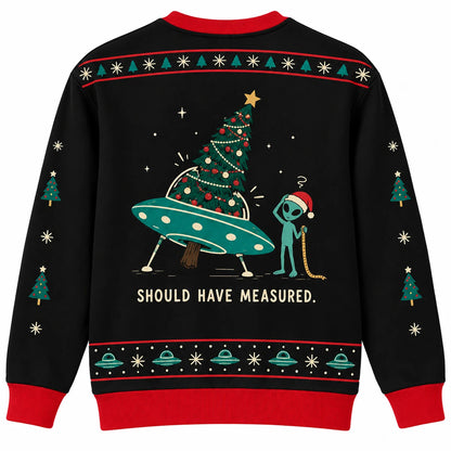 Tree Acquisition Unit Ugly Christmas Sweater - Christmas Jumper (back): tree too large sticks through UFO roof
