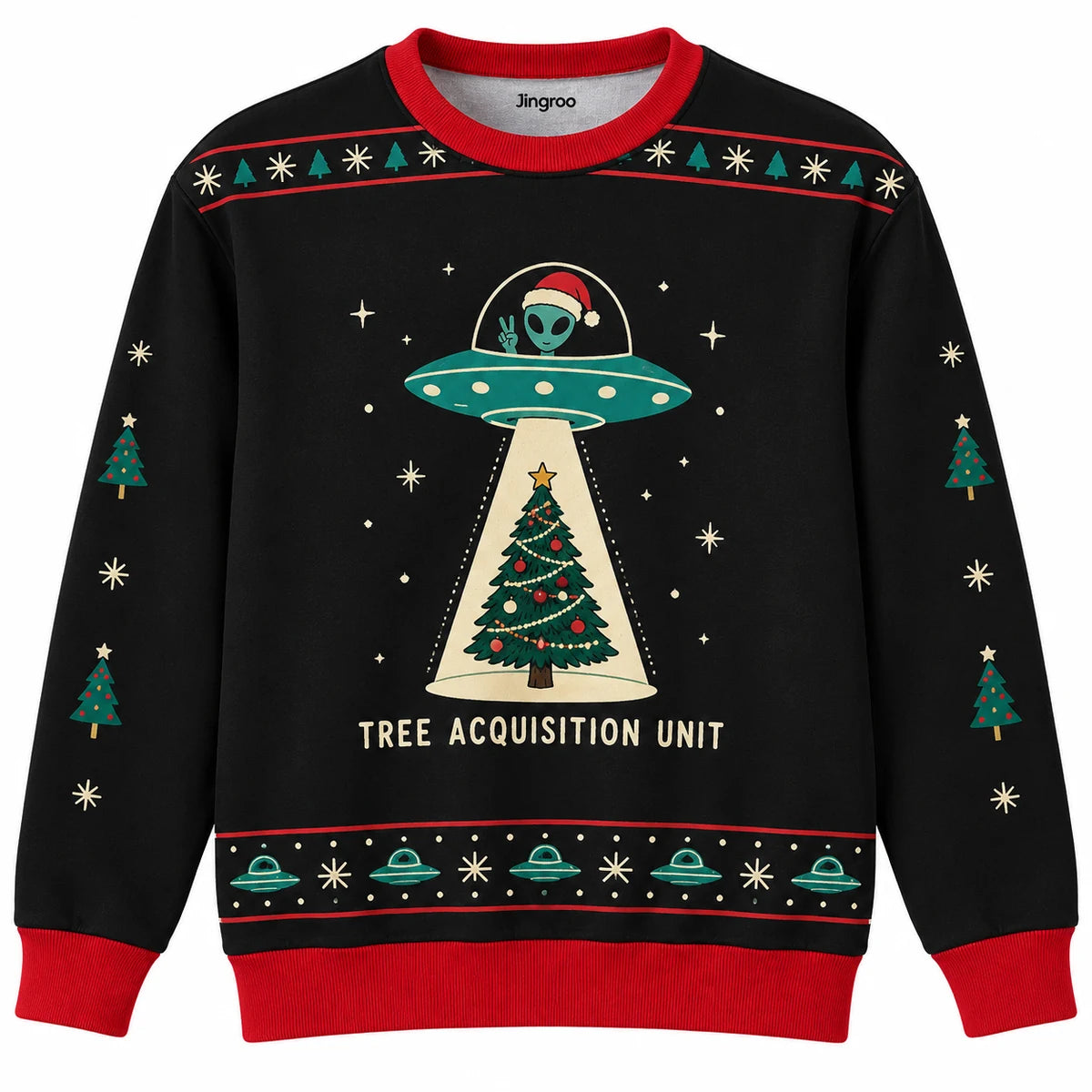 Tree Acquisition Unit Ugly Christmas Sweater - Christmas Jumper (front): tiny UFO beams up perfectly straight Christmas tree
