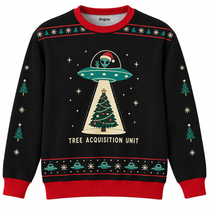 Tree Acquisition Unit Ugly Christmas Sweater - Christmas Jumper (front): tiny UFO beams up perfectly straight Christmas tree