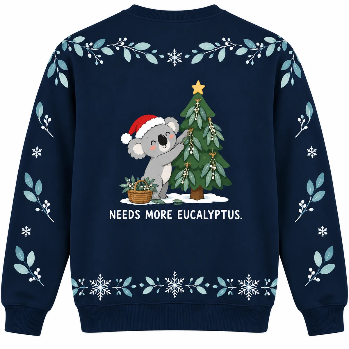 Tree Decorator Ugly Christmas Sweater - Christmas Jumper (back): koala hangs eucalyptus leaves over all ornaments