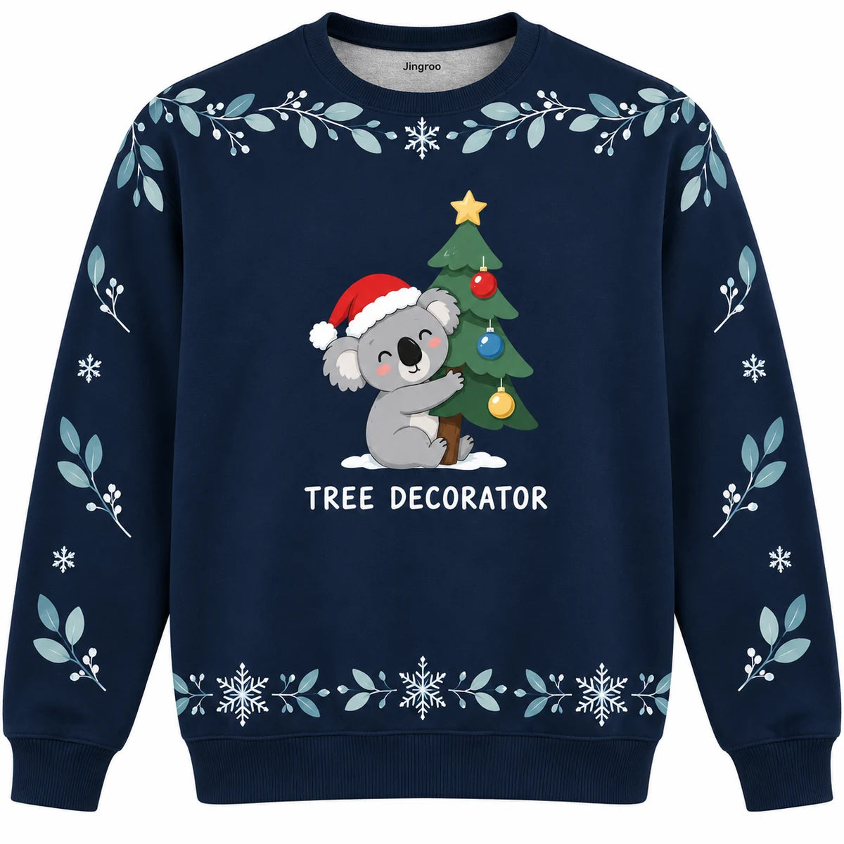 Tree Decorator Ugly Christmas Sweater - Christmas Jumper (front): koala hugs minimalist Christmas tree