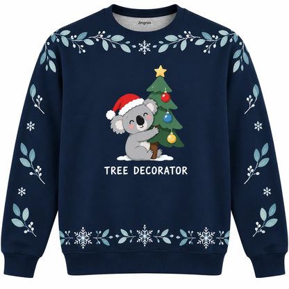 Tree Decorator Ugly Christmas Sweater - Christmas Jumper (front): koala hugs minimalist Christmas tree