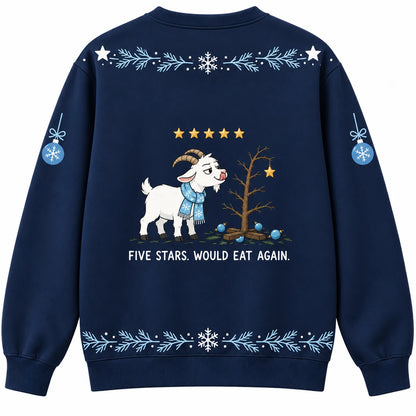Tree Inspection Ugly Christmas Sweater - Christmas Jumper (back): goat surrounded by bare tree trunk and dangling star