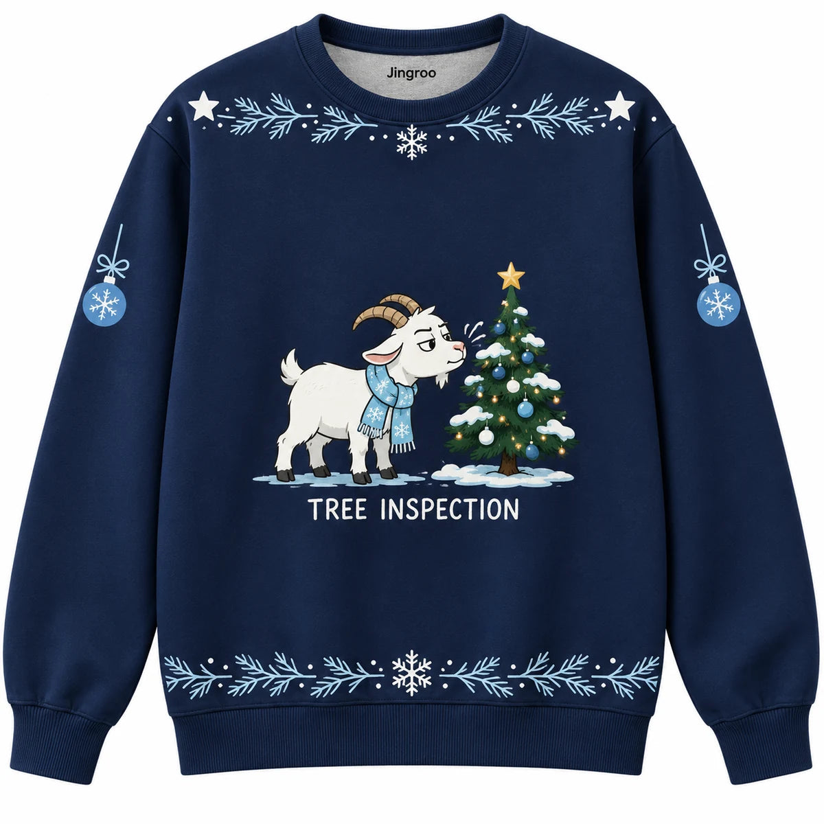 Tree Inspection Ugly Christmas Sweater - Christmas Jumper (front): goat wearing scarf sniffs Christmas tree