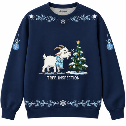 Tree Inspection Ugly Christmas Sweater - Christmas Jumper (front): goat wearing scarf sniffs Christmas tree