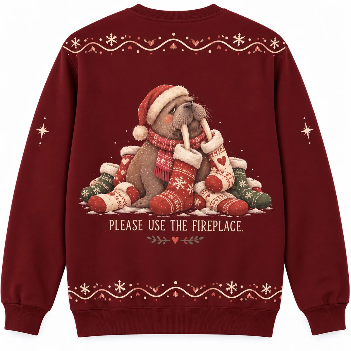 Tusk Force Christmas Ugly Christmas Sweater - Christmas Jumper (back): walrus surrounded by oversized stockings looks tired
