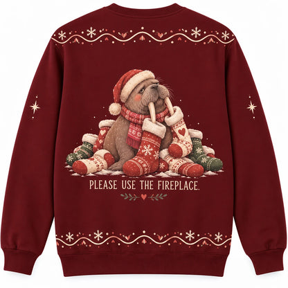 Tusk Force Christmas Ugly Christmas Sweater - Christmas Jumper (back): walrus surrounded by oversized stockings looks tired