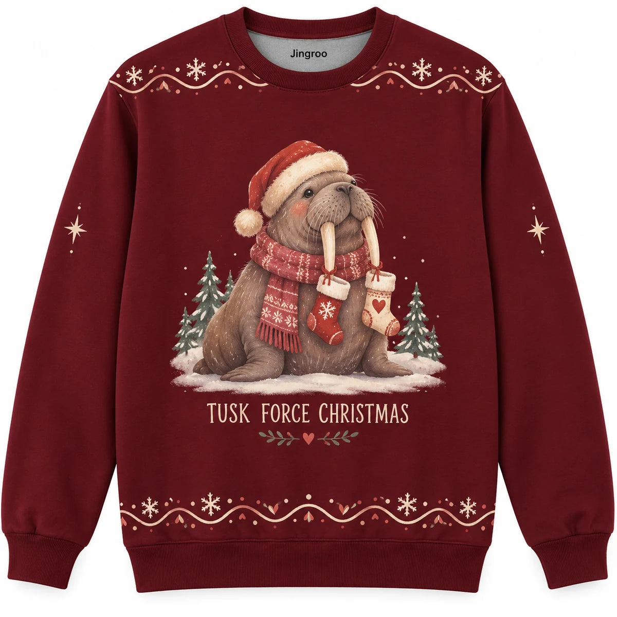 Tusk Force Christmas Ugly Christmas Sweater - Christmas Jumper (front): walrus Santa uses tusks to hold stockings