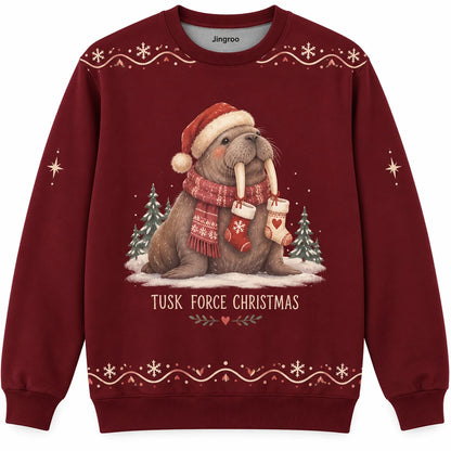 Tusk Force Christmas Ugly Christmas Sweater - Christmas Jumper (front): walrus Santa uses tusks to hold stockings