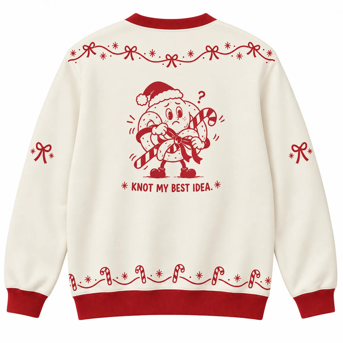 Twisted Holiday Spirit Ugly Christmas Sweater - Christmas Jumper (back): pretzel tangled with candy cane and ribbon looks puzzled