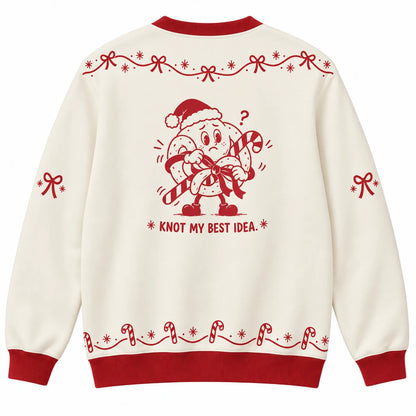 Twisted Holiday Spirit Ugly Christmas Sweater - Christmas Jumper (back): pretzel tangled with candy cane and ribbon looks puzzled