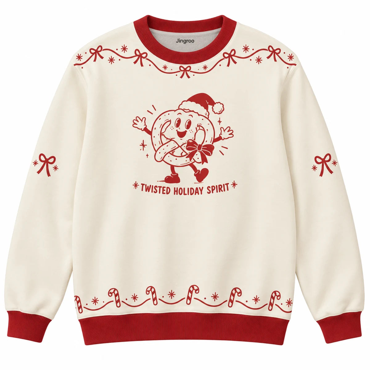 Twisted Holiday Spirit Ugly Christmas Sweater - Christmas Jumper (front): pretzel wears festive ribbon and smiles
