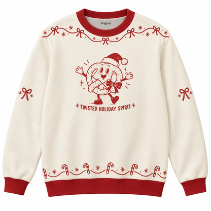 Twisted Holiday Spirit Ugly Christmas Sweater - Christmas Jumper (front): pretzel wears festive ribbon and smiles